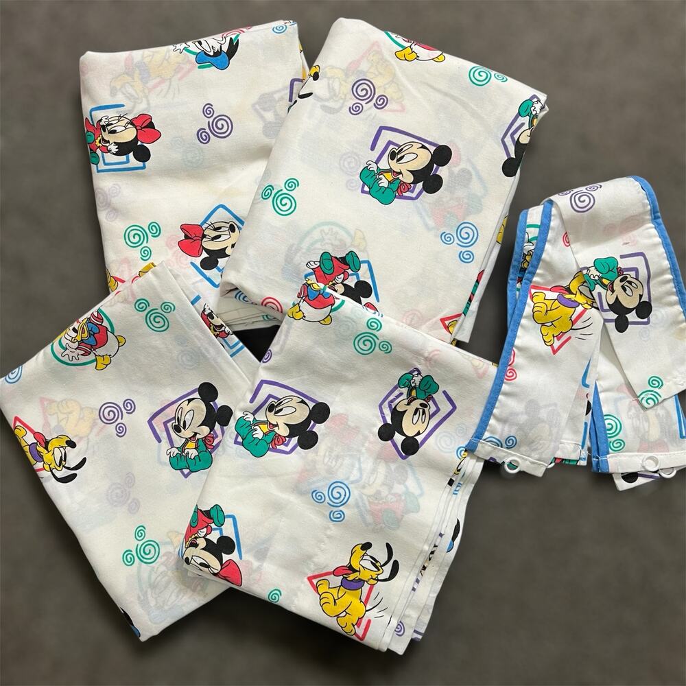 Vtg Dundee Disney Curtains w Tie Backs 63Lx41W Baby Mickey Minnie Goofy 4 Panels